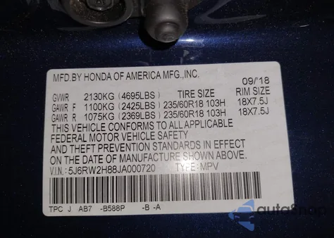 2018 Honda Cr-V Ex-L/Ex-L Navi from USA, damaged, VIN 5J6RW2H88JA000720